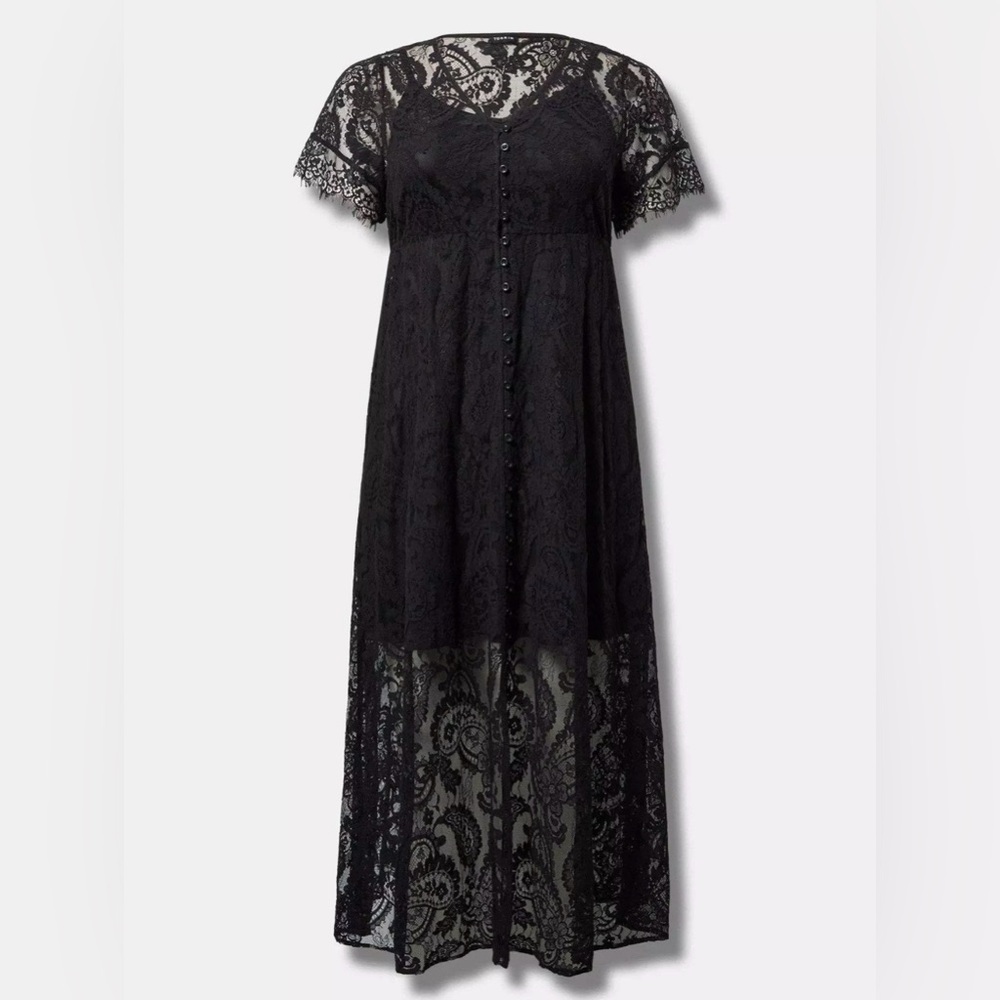 Torrid Maxi Lace Dress Button Front A-Line Sz 00 (M) Black Witchy Dark Goth Long - Picture 1 of 9